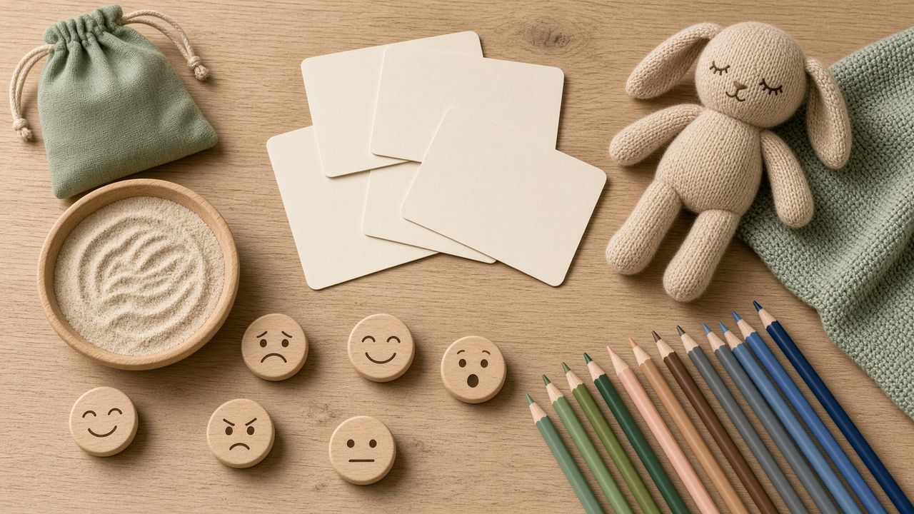 Coachmaterialen: emotiekaarten, potloden, zandbak en knuffel