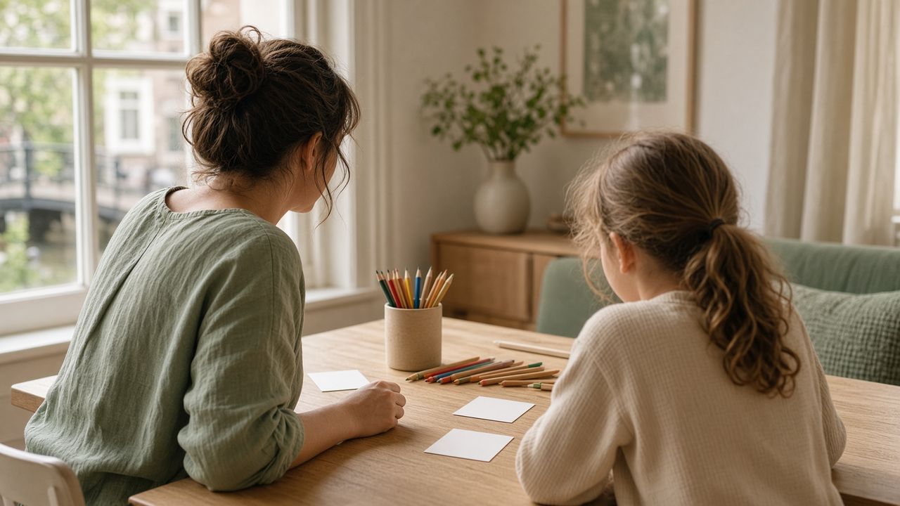 Coach en kind aan een tafel bij het raam