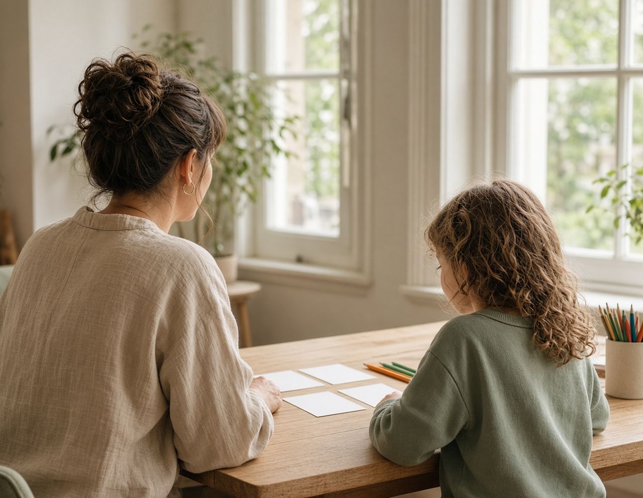Kindercoach en kind werken samen aan tafel met kaarten en kleurpotloden