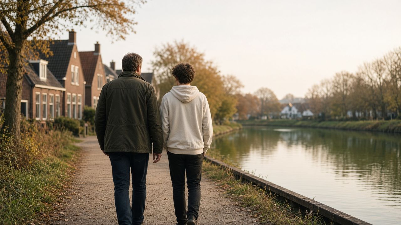 Coach en tiener lopen samen langs het water