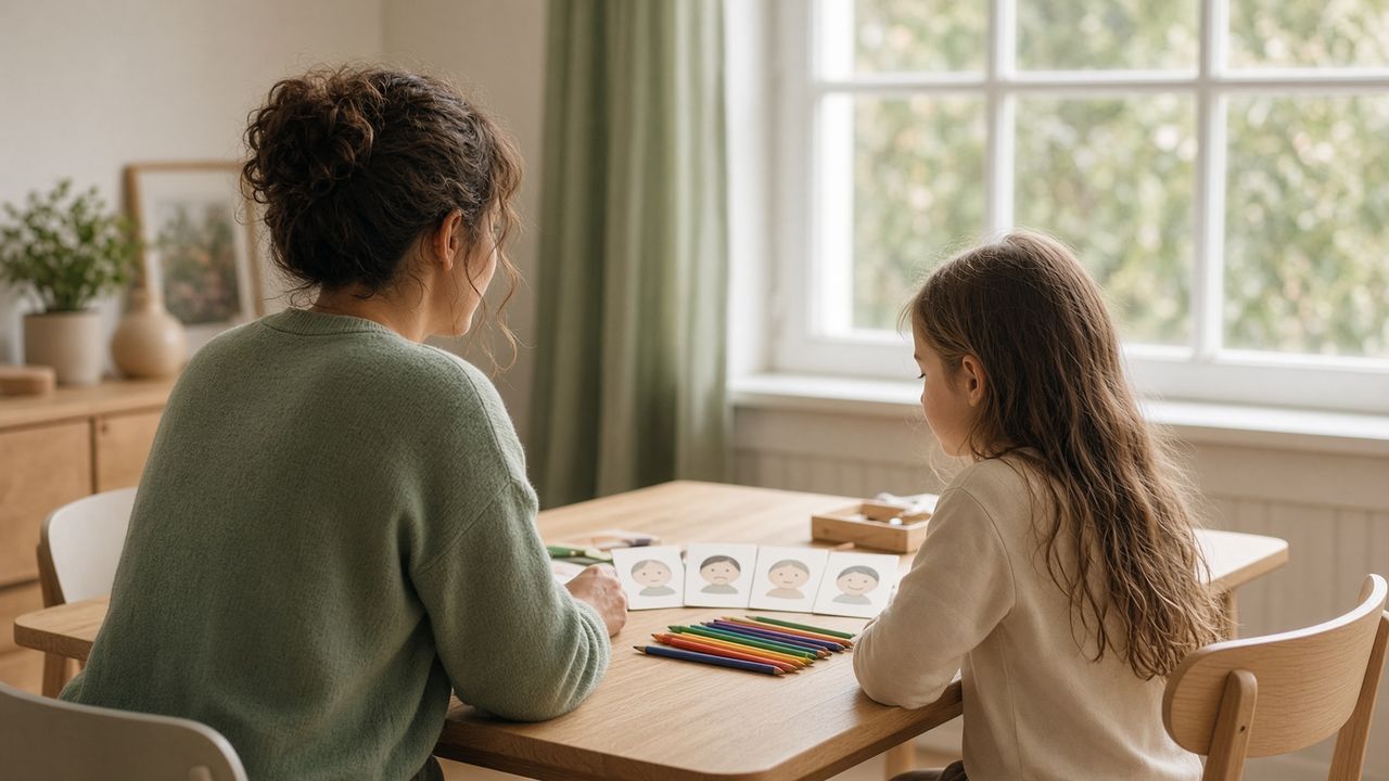Kindercoach en kind tekenen samen aan tafel