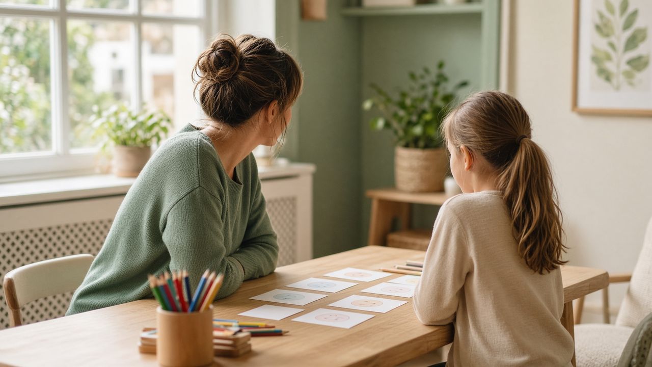 Kindercoach en kind aan tafel met kaartjes en kleurpotloden