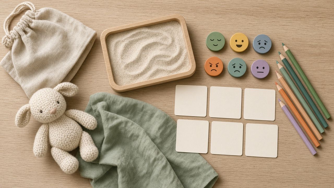 Materialen voor kindertherapie: zandbak, emotiekaarten en knuffel