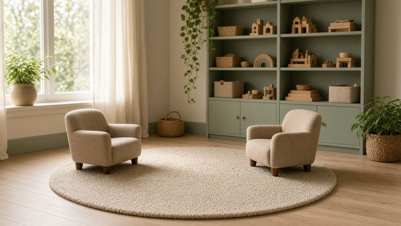 Praktijkruimte voor kindercoaching met twee stoelen en speelgoed