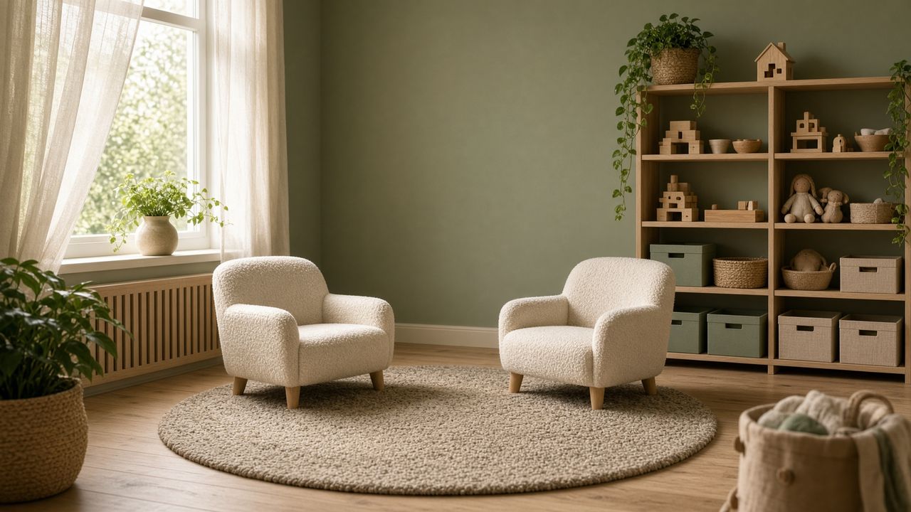 Rustige praktijkruimte met twee stoelen, een kleed en open kasten