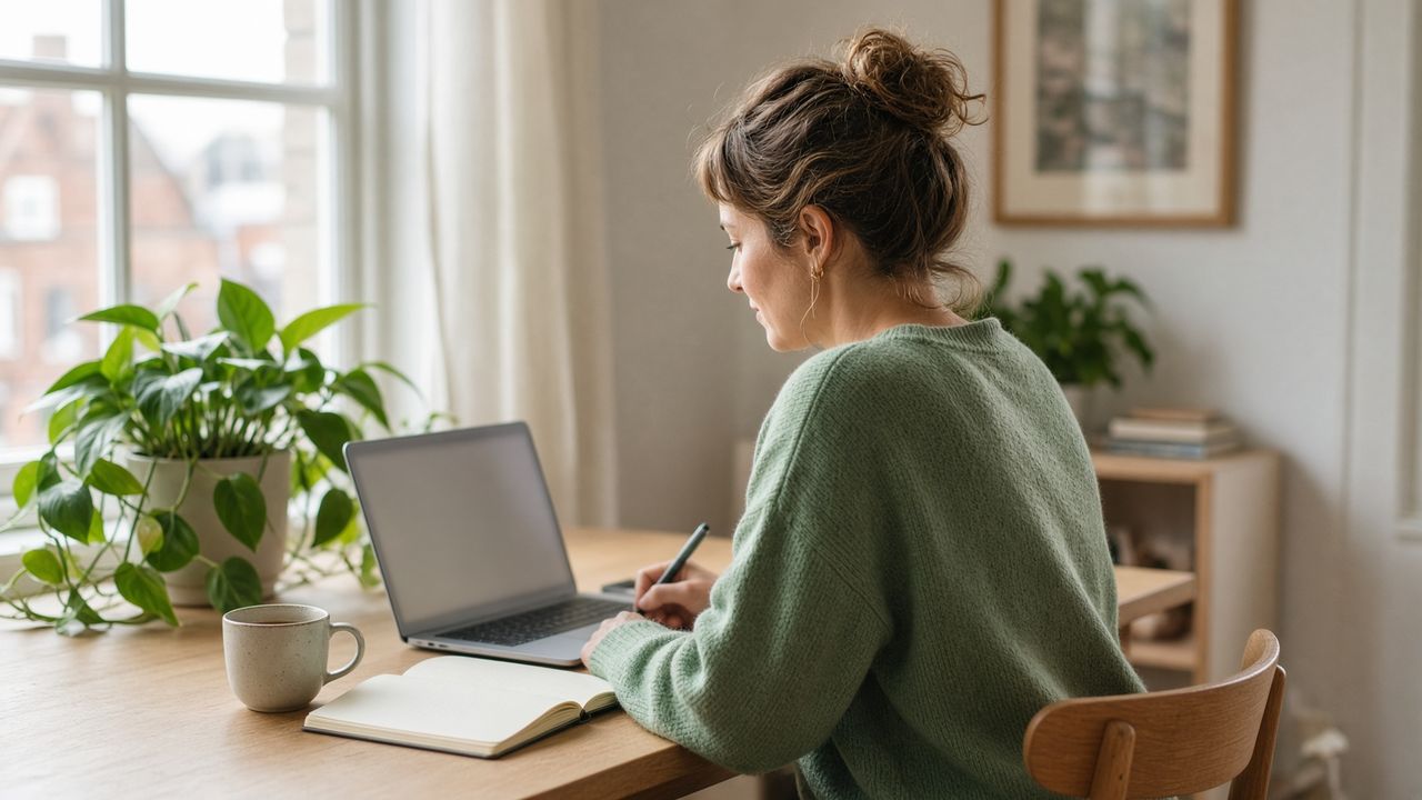 Studeren aan een bureau met laptop en aantekeningen