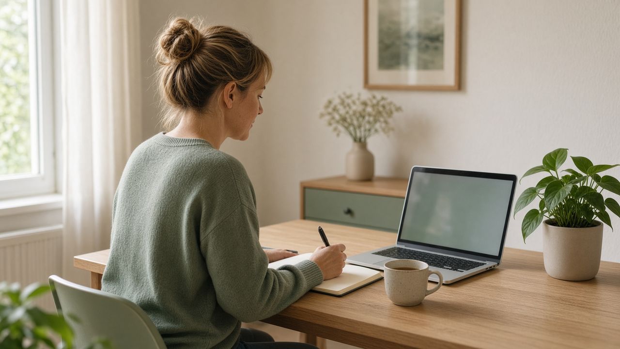 Vrouw studeert thuis achter een laptop aan een houten bureau