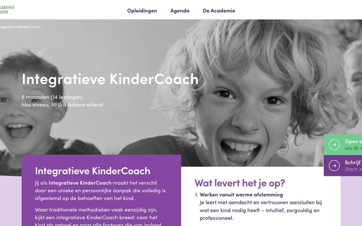 Schermafbeelding van de opleidingspagina van Nederlandse Academie voor Psychotherapie