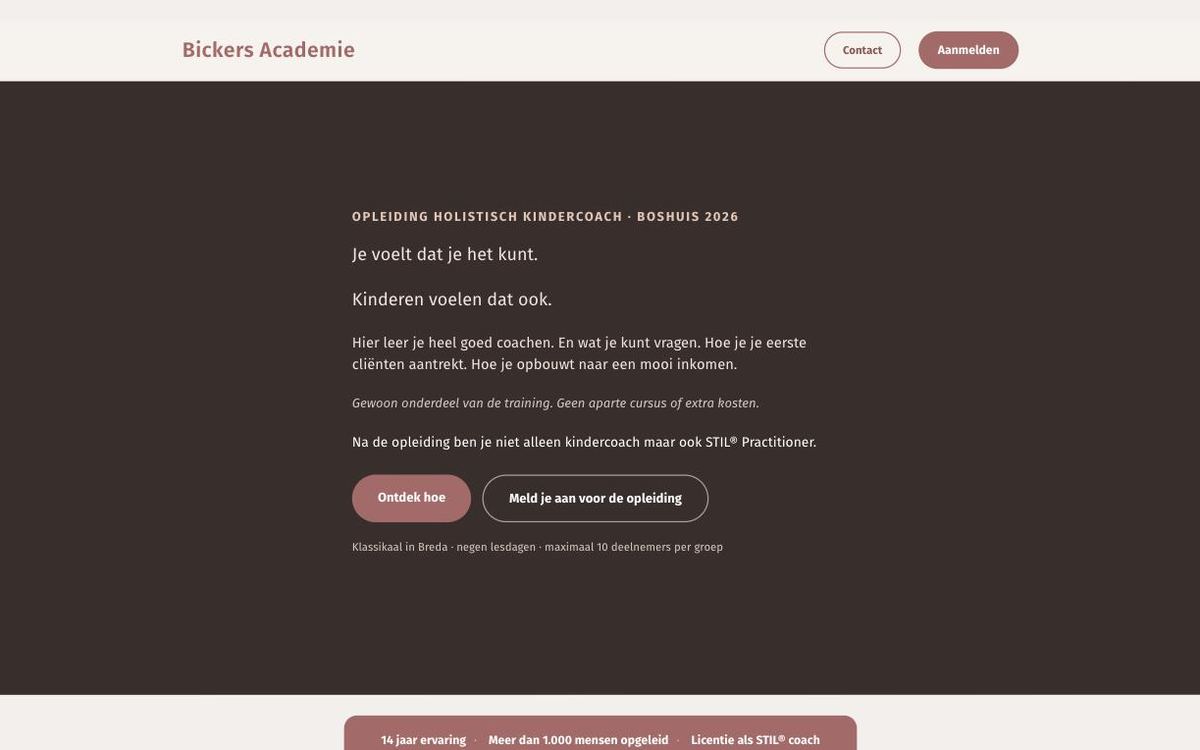 Schermafbeelding van de opleidingspagina van Bickers Academie
