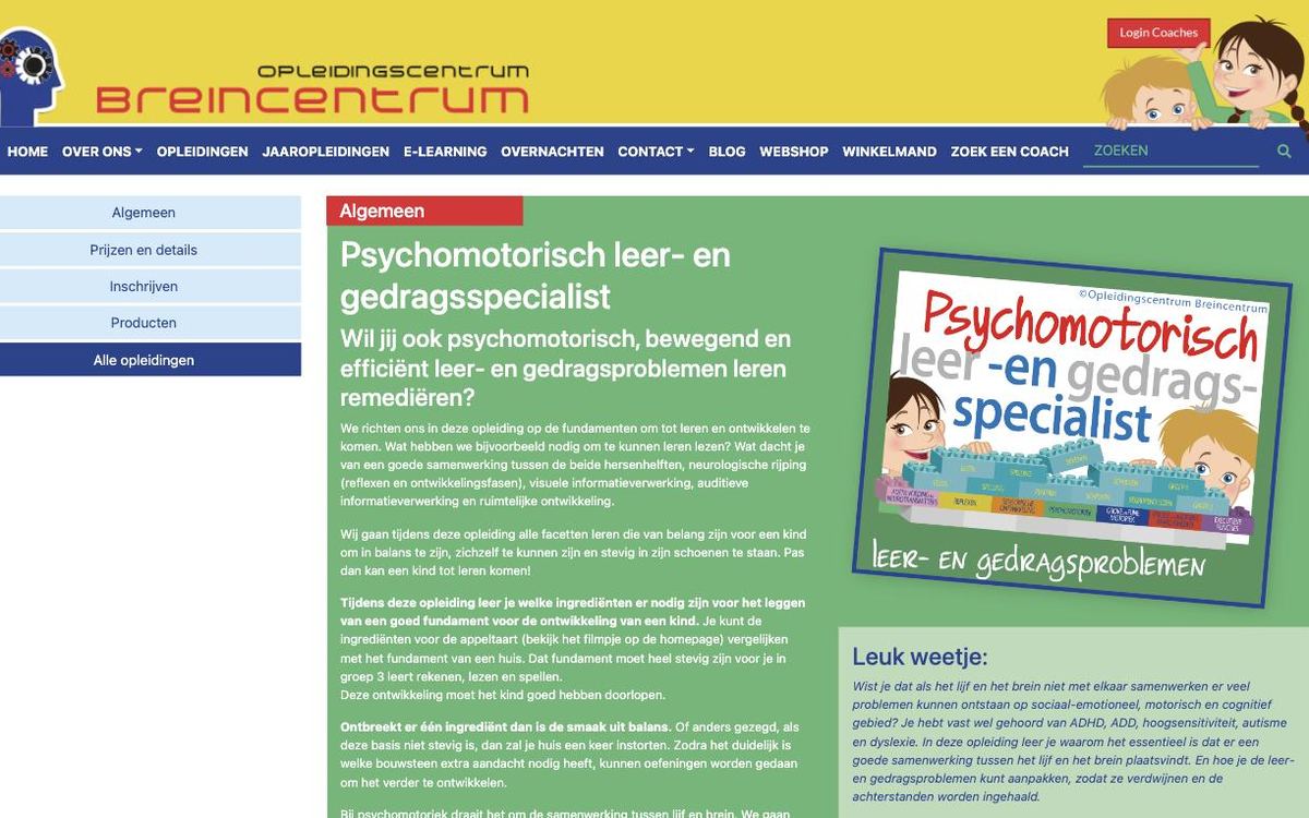 Schermafbeelding van de opleidingspagina van Breincentrum