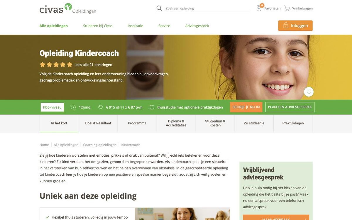 Schermafbeelding van de opleidingspagina van Civas
