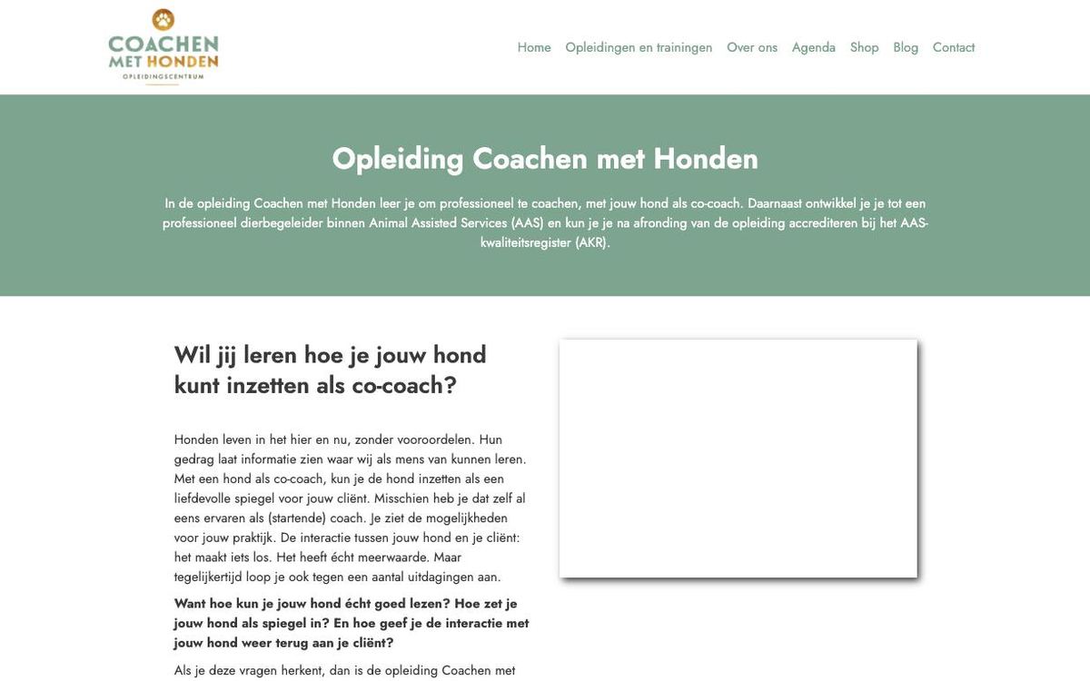 Schermafbeelding van de opleidingspagina van Coachen met Honden