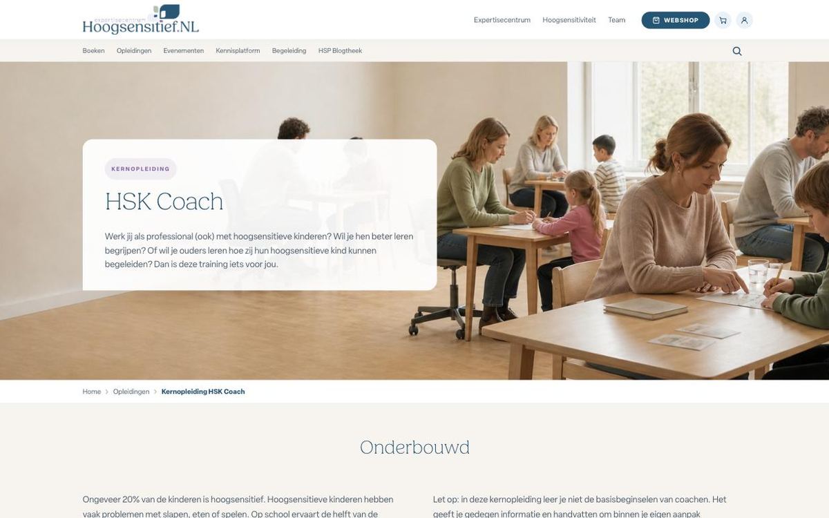 Schermafbeelding van de opleidingspagina van Hoogsensitief.NL