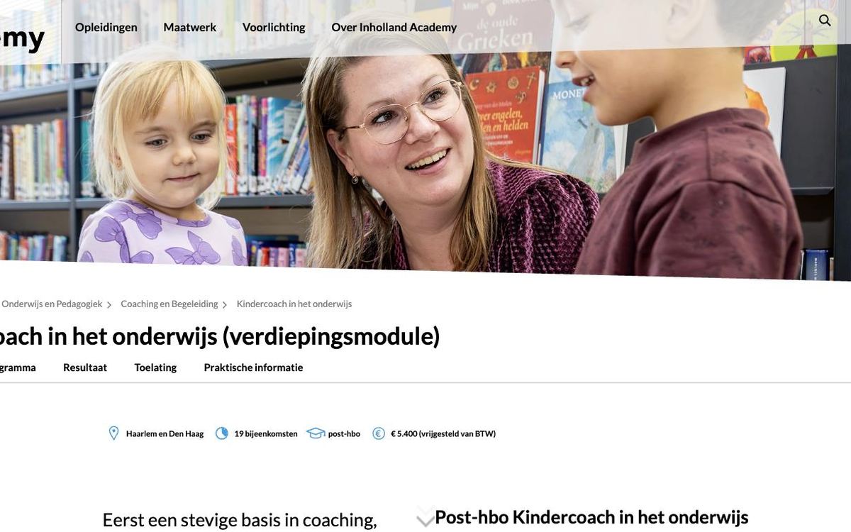 Schermafbeelding van de opleidingspagina van Inholland Academy