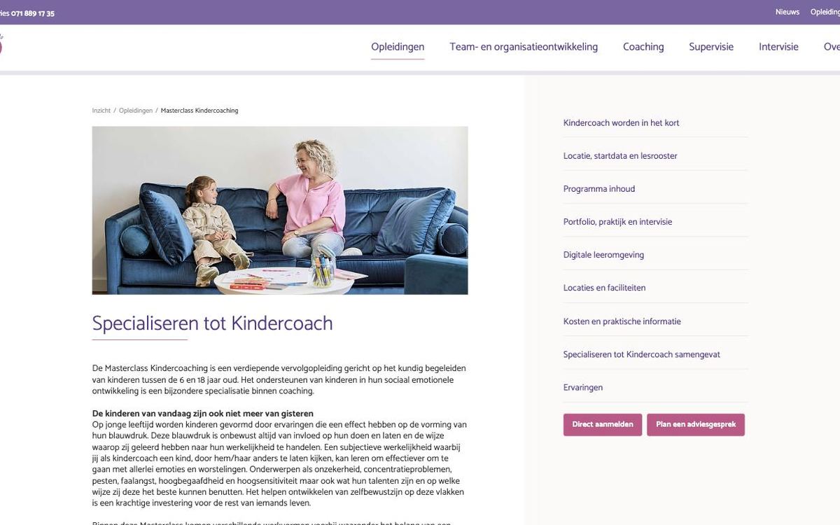 Schermafbeelding van de opleidingspagina van Inzicht