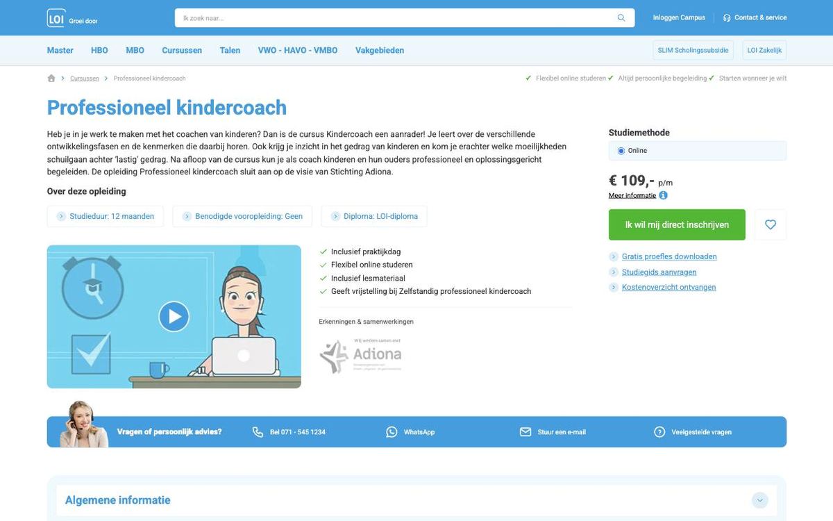 Schermafbeelding van de opleidingspagina van LOI