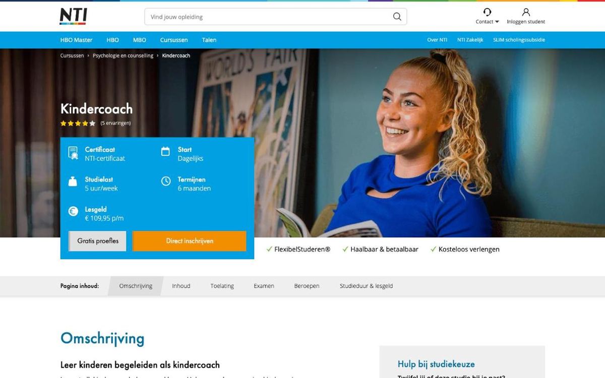 Schermafbeelding van de opleidingspagina van NTI