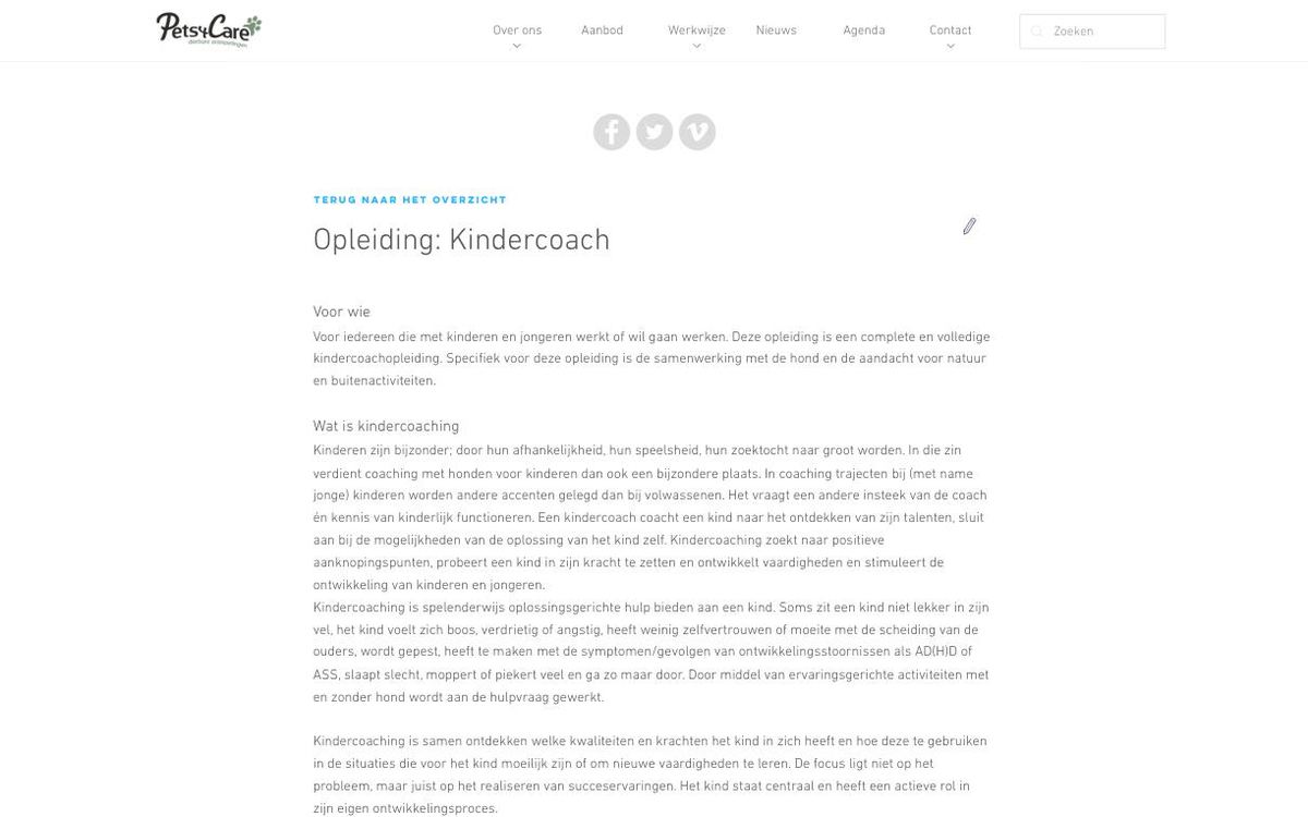 Schermafbeelding van de opleidingspagina van Pets4Care