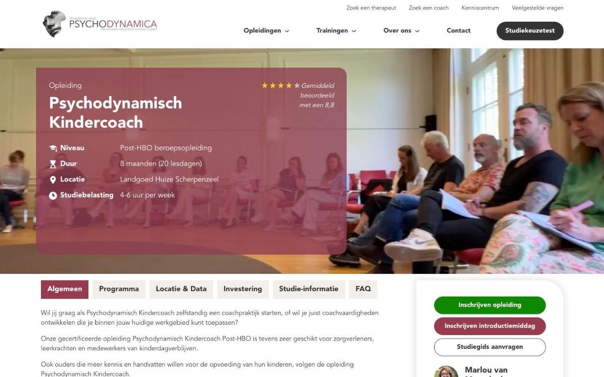 Schermafbeelding van de opleidingspagina van Academie voor Psychodynamica